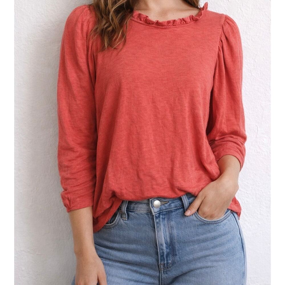 Sundry Coral Ruffle Neck Long Sleeve Top Size 1 Small Puff Sleeve Made in USA